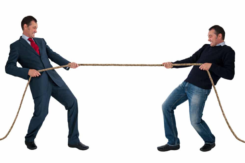 work life balance men tug of war isolated on white background