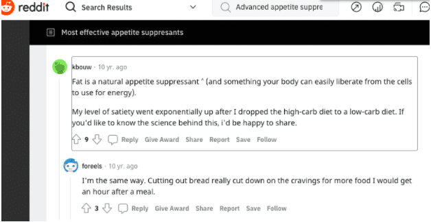 Appetite suppressant reviews on the internet and forums like Reddit or Consumer Reports